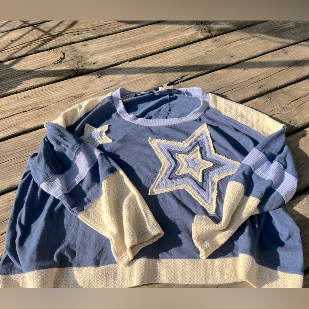 POL Sweater Womens Med Blue & Cream Patchwork Stars Boutique Long Sleeve Top